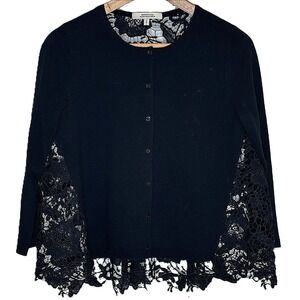 Dorothee Schumacher Black Knit Cardigan Lace Panel Top, Guipure Lace, Size 2